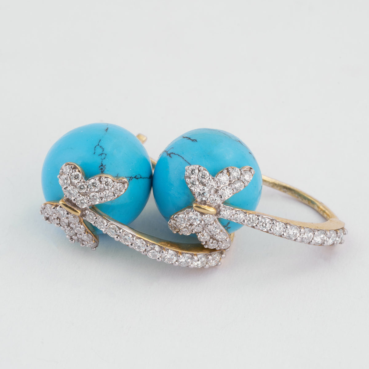 14K Solid Gold Turquoise Sphere Pave Butterfly French Hook Moissanite Diamond Earrings