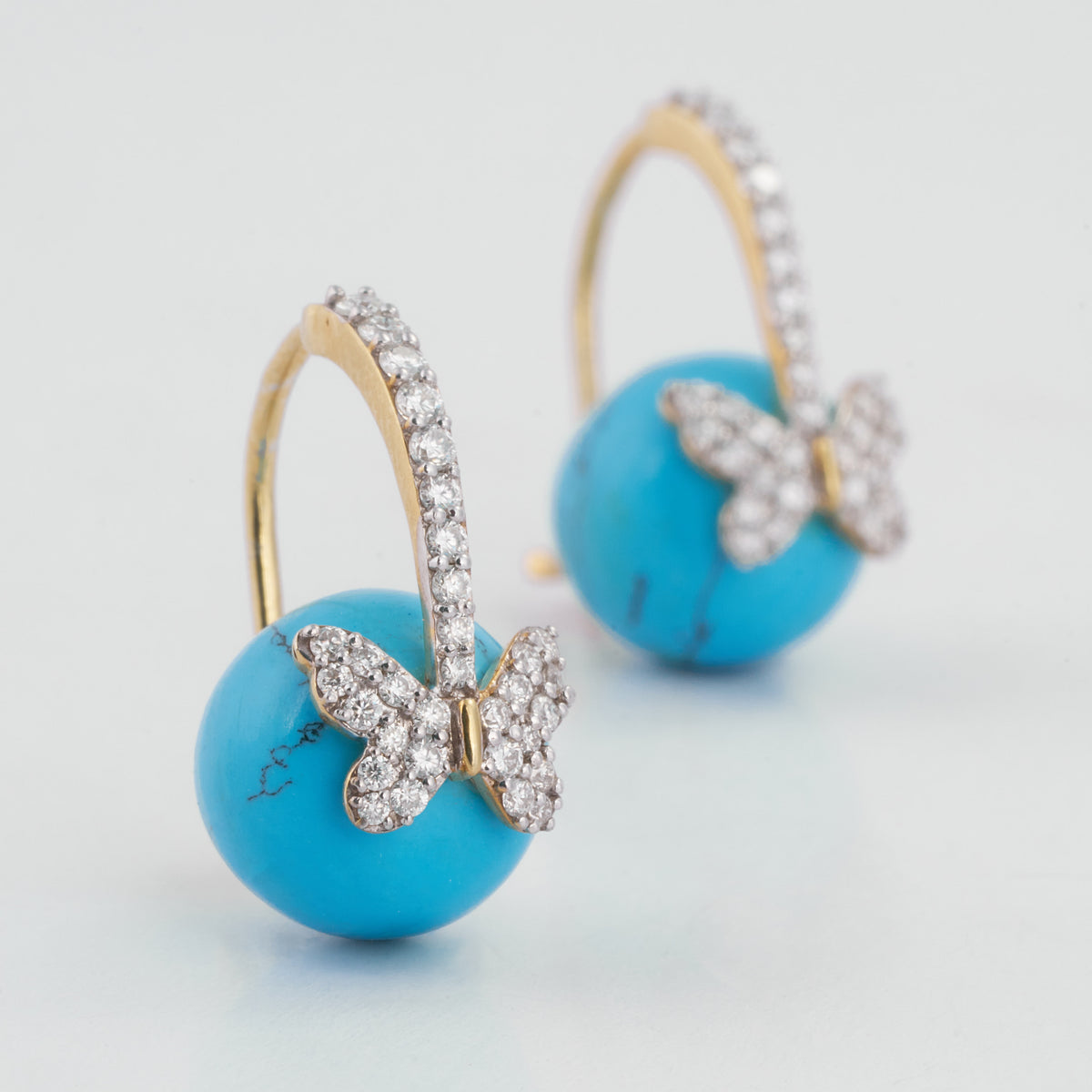 14K Solid Gold Turquoise Sphere Pave Butterfly French Hook Moissanite Diamond Earrings