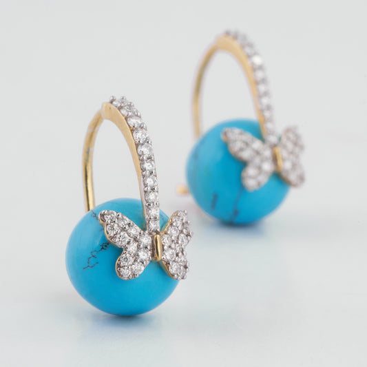 14K Solid Gold Turquoise Sphere Pave Butterfly French Hook Moissanite Diamond Earrings