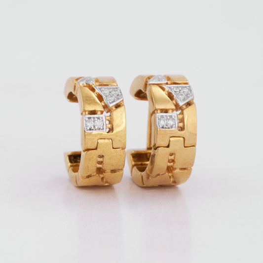 Textured Geometric Brick Link Pave Diamond Huggie Earrings in 14K Solid Gold