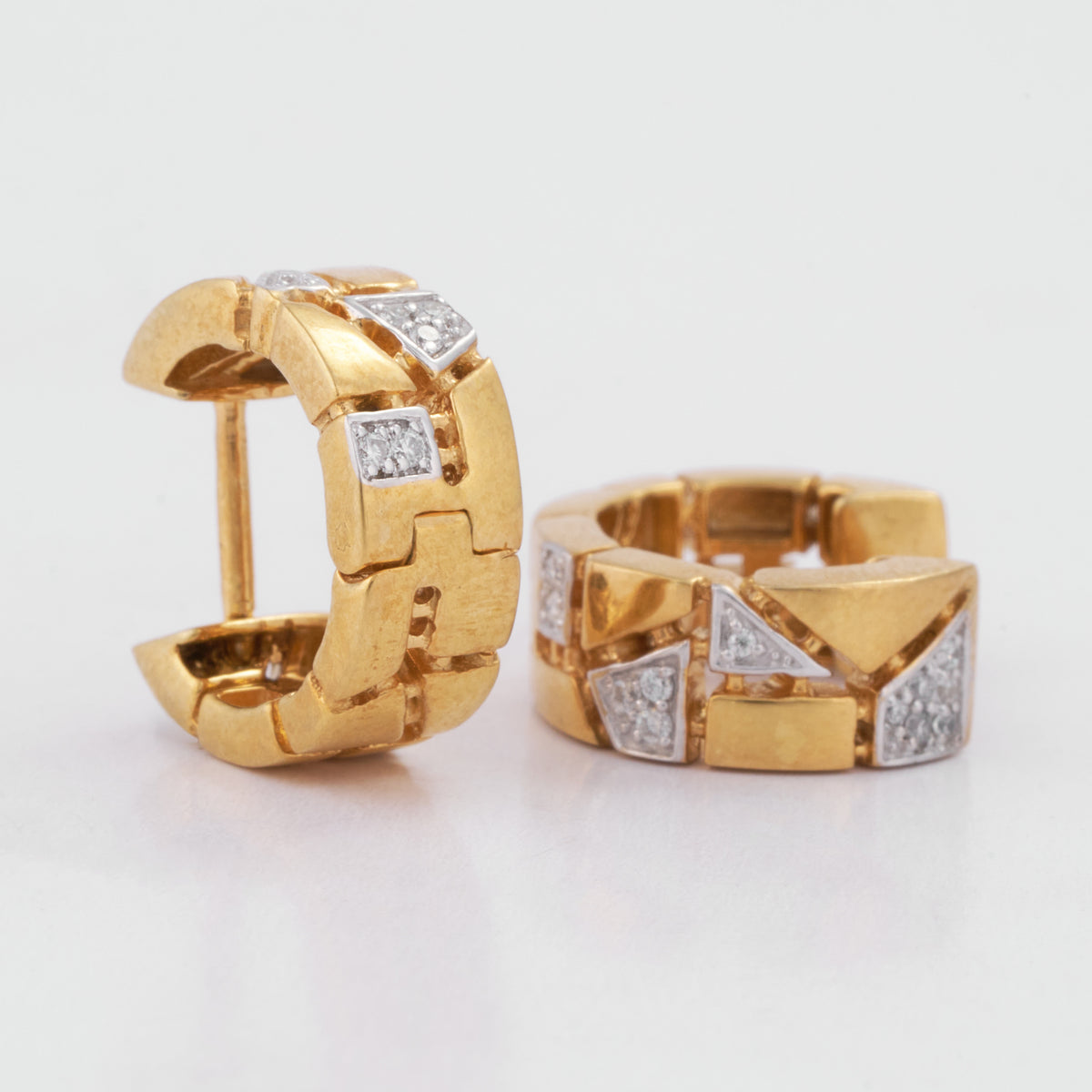 Textured Geometric Brick Link Pave Diamond Huggie Earrings in 14K Solid Gold