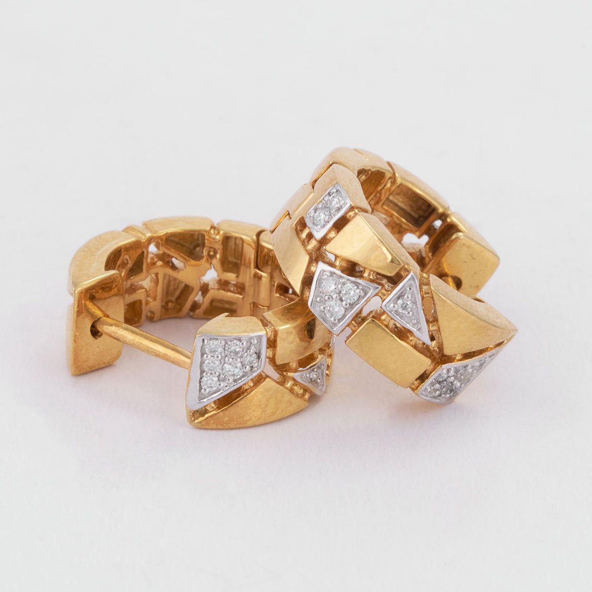 Textured Geometric Brick Link Pave Diamond Huggie Earrings in 14K Solid Gold