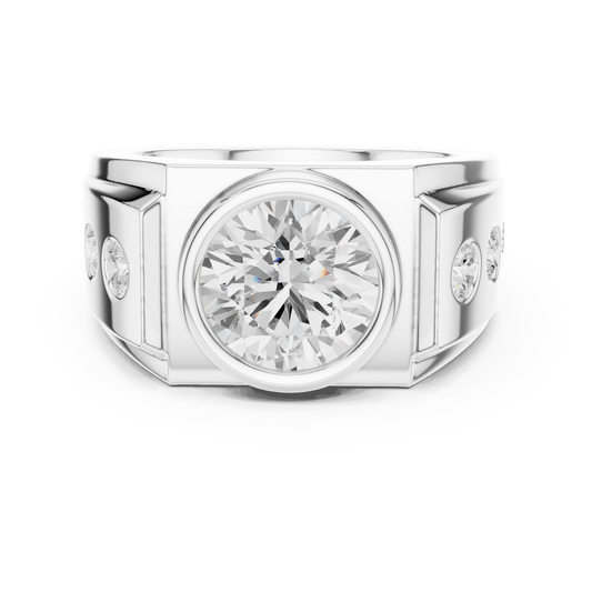 Round Bezel Solitaire Accent Shoulder Men's Signet Ring Lab Grown Diamond