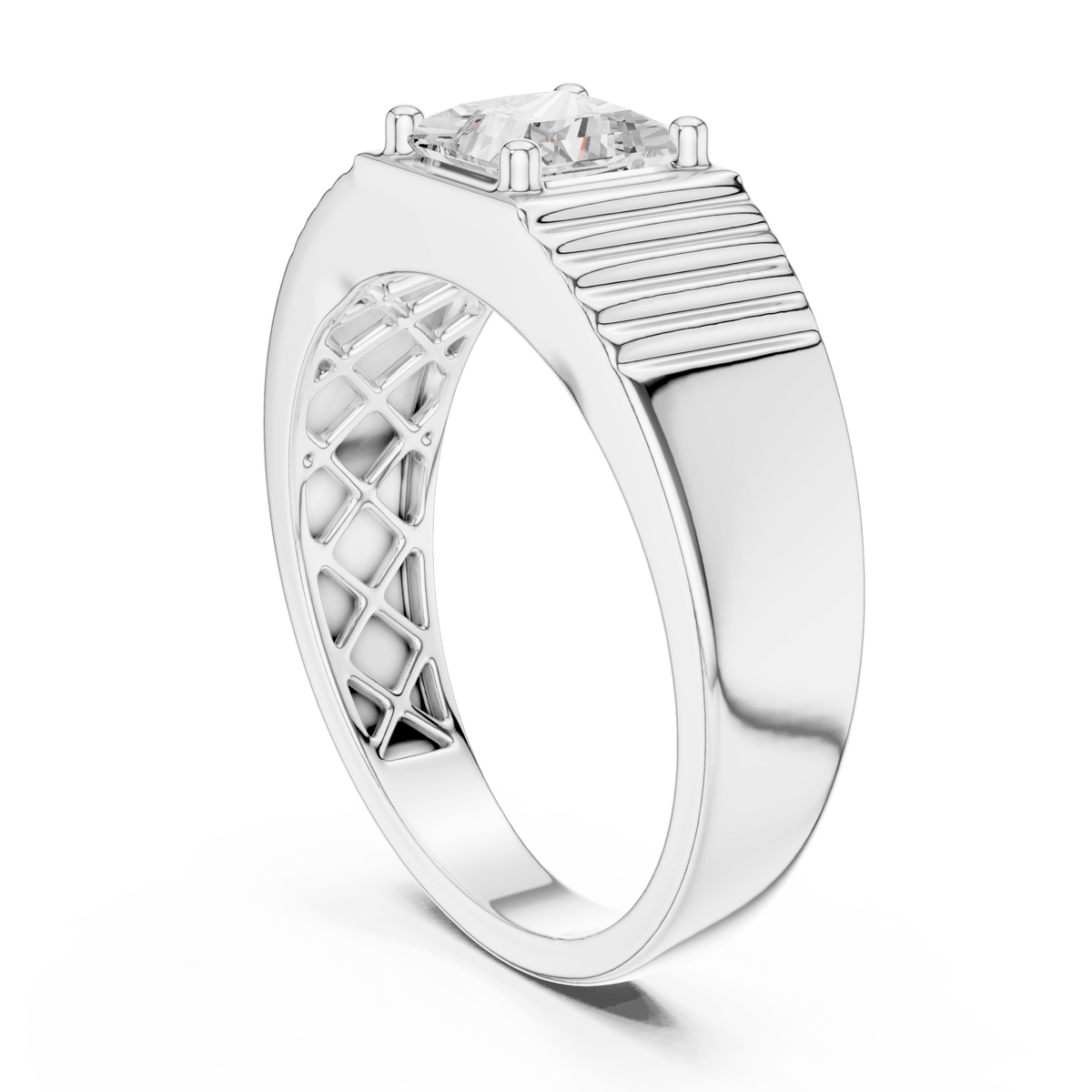 Princess Cut Solitaire Ribbed Shoulder Men's Signet Lab Grown Diamond Ring