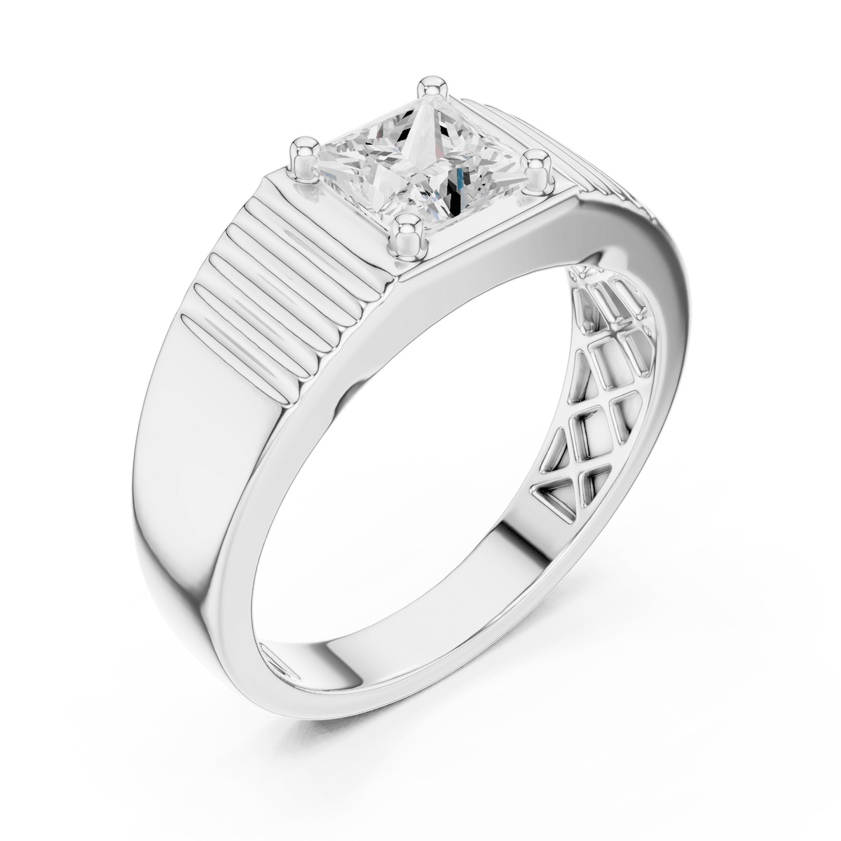 Princess Cut Solitaire Ribbed Shoulder Men's Signet Lab Grown Diamond Ring