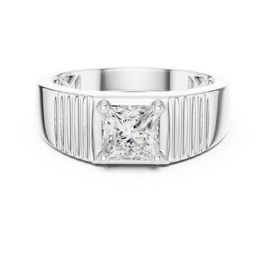 Princess Cut Solitaire Ribbed Shoulder Men's Signet Lab Grown Diamond Ring