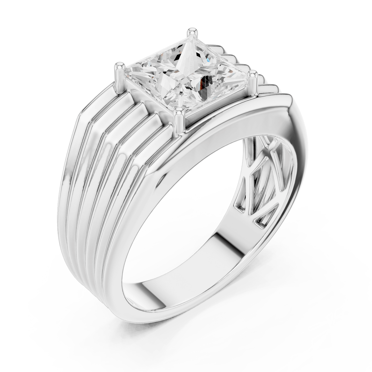 Princess Cut Solitaire Horizontal Ribbed Men's Signet Lab Grown Diamond Ring