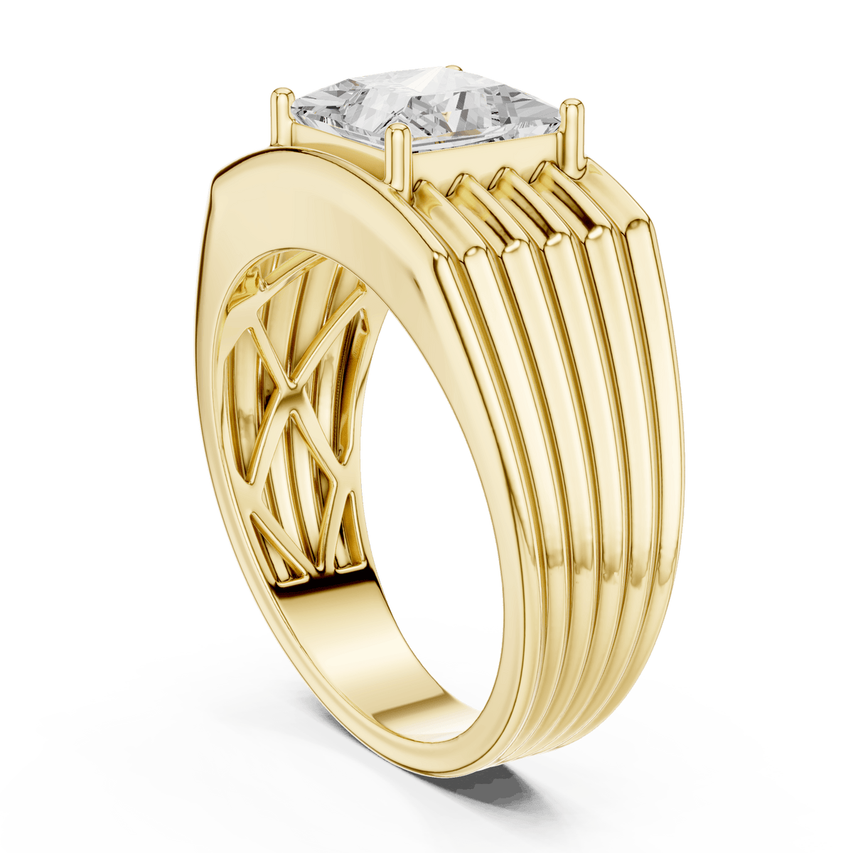 Yellow Solid  Gold Princess-Cut Diamond Horizontal Ribbed Men's Ring