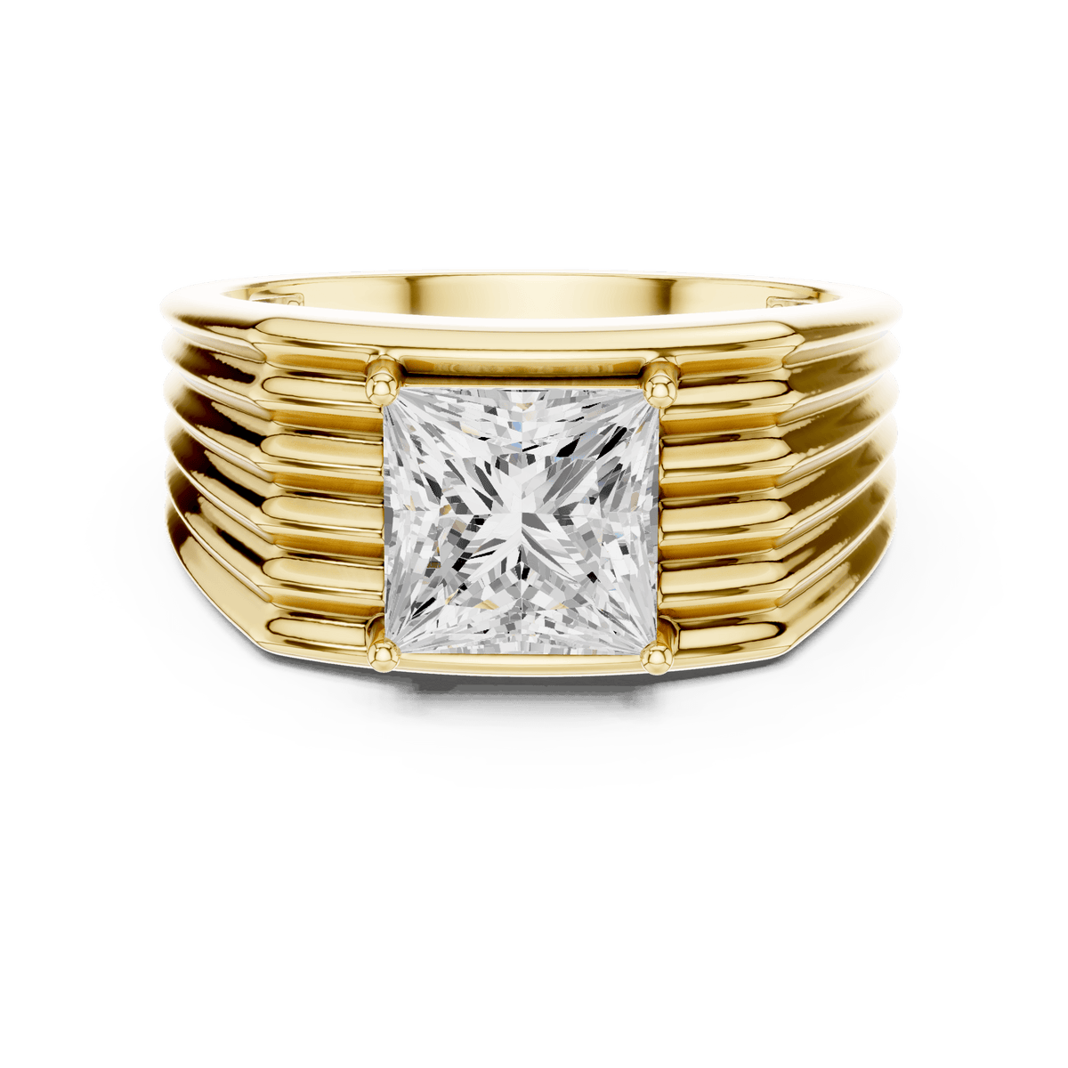 Yellow Solid  Gold Princess-Cut Diamond Horizontal Ribbed Men's Ring