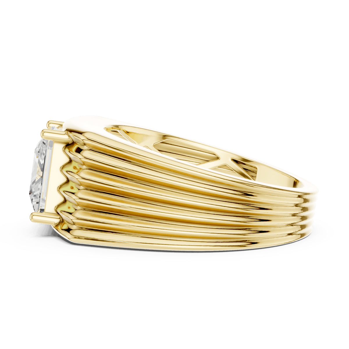 Yellow Solid  Gold Princess-Cut Diamond Horizontal Ribbed Men's Ring