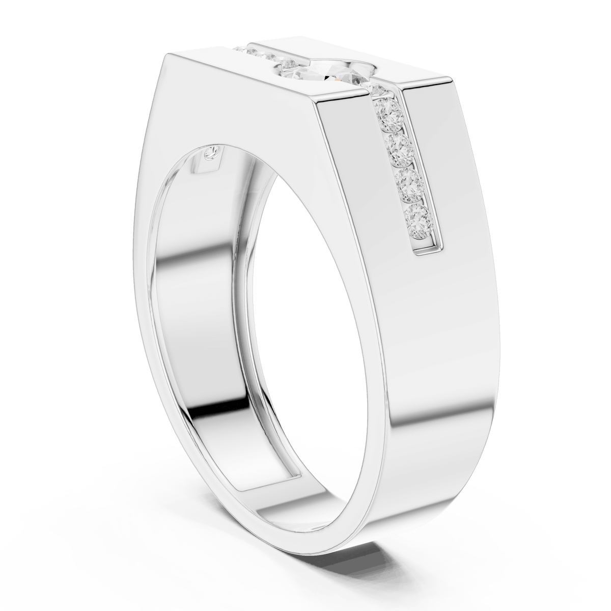 Flush Bezel Round Solitaire Channel Accent Men's Signet Lab Grown Diamond Ring