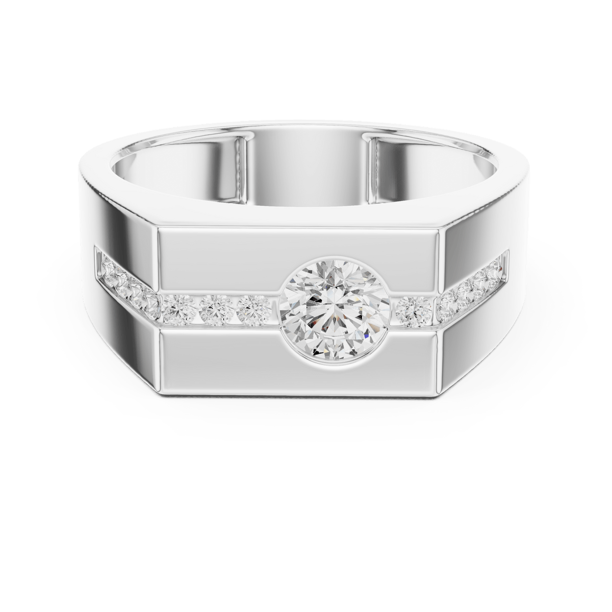 Flush Bezel Round Solitaire Channel Accent Men's Signet Lab Grown Diamond Ring