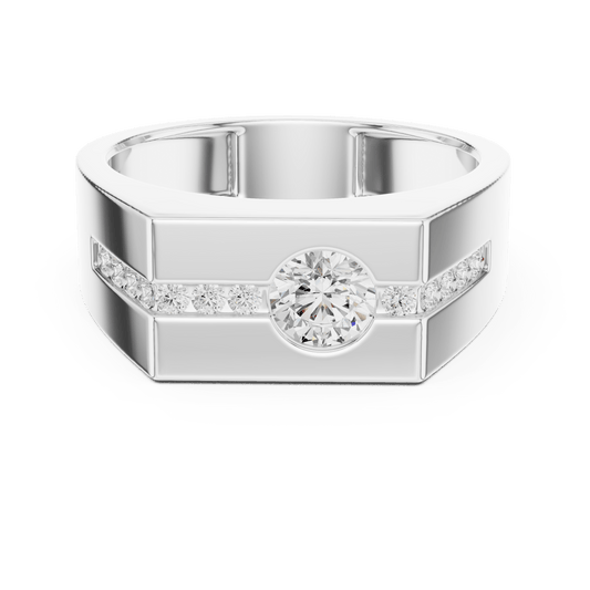 Flush Bezel Round Solitaire Channel Accent Men's Signet Lab Grown Diamond Ring