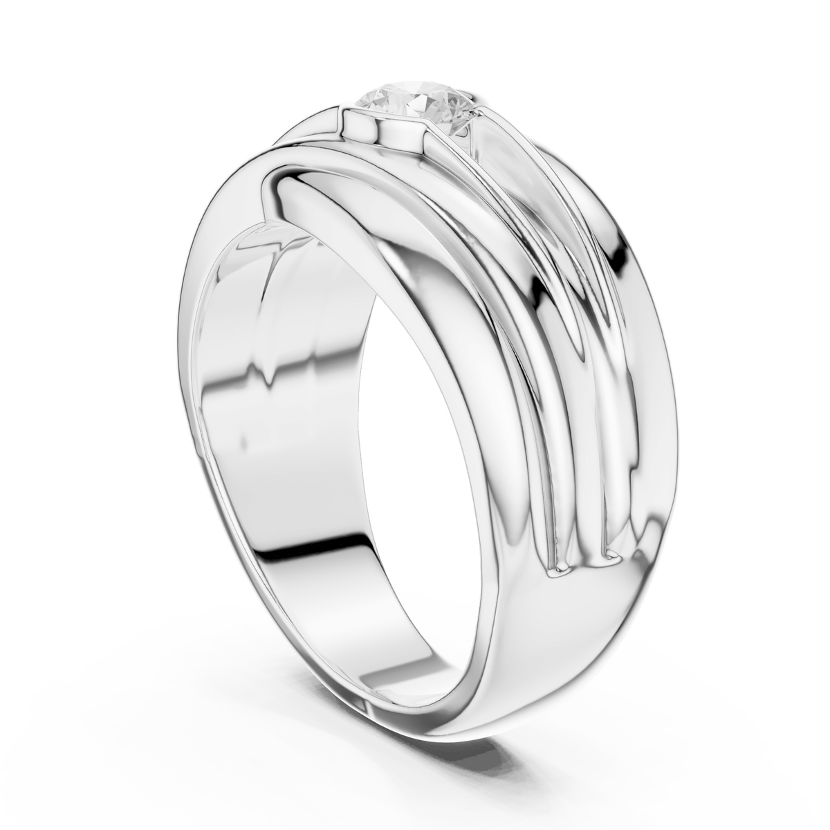 Fluid Wave Bezel Set Round Solitaire Men's Lab Grown Diamond Ring