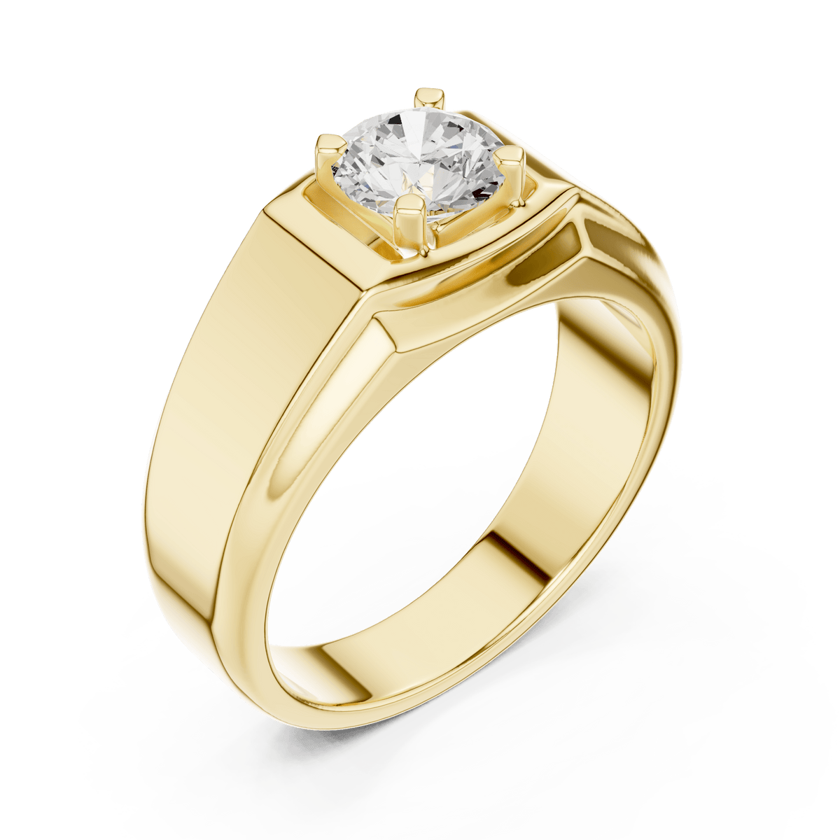 Yellow Gold Rectangular Frame Prong-Set Round Diamond Men's Ring