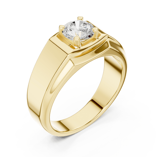 Yellow Gold Rectangular Frame Prong-Set Round Diamond Men's Ring