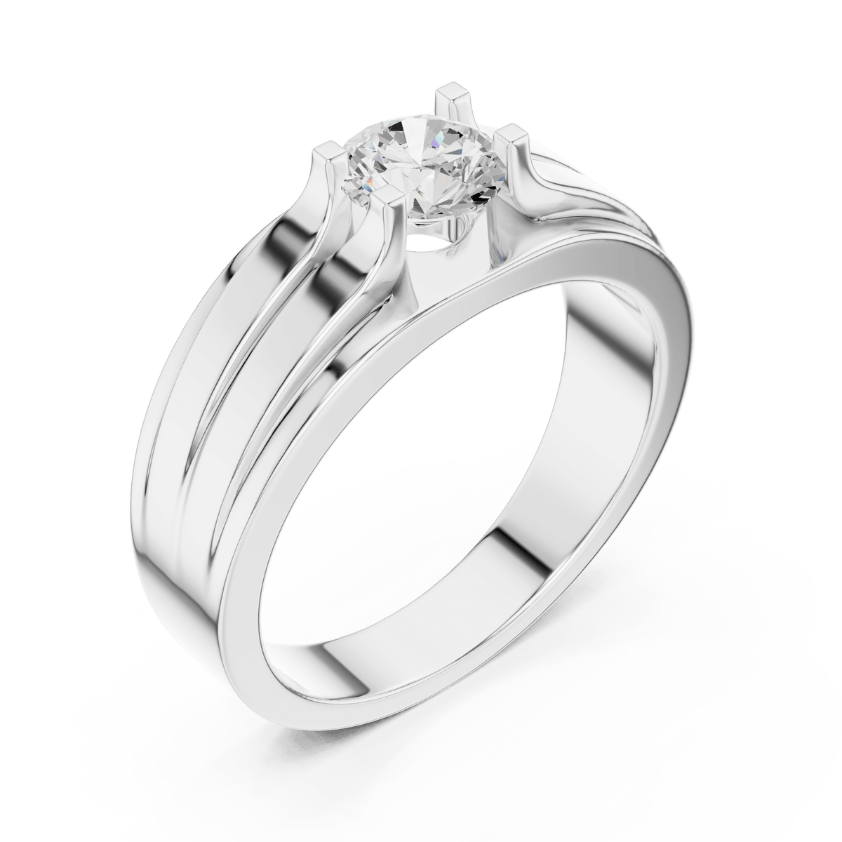 Dual Grooved Shoulder Four-Prong Round Solitaire Men's Lab Grown Diamond Ring