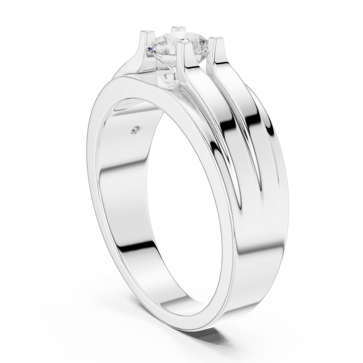 Dual Grooved Shoulder Four-Prong Round Solitaire Men's Lab Grown Diamond Ring