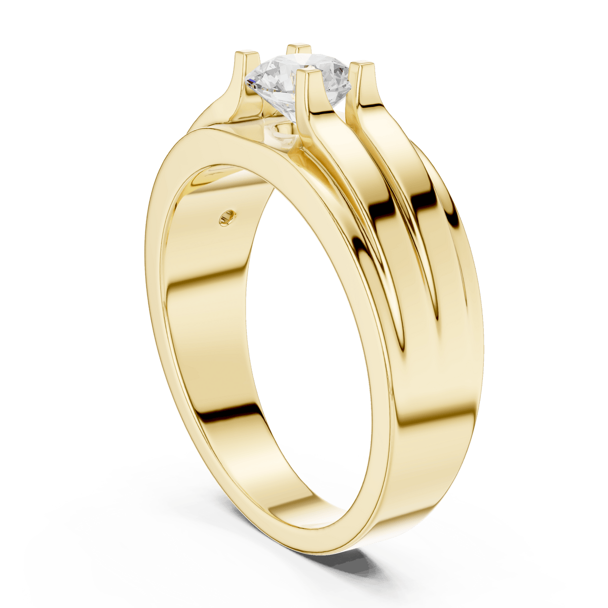 Dual-Grooved Round Diamond Men's Solitaire Ring in 14K Gold