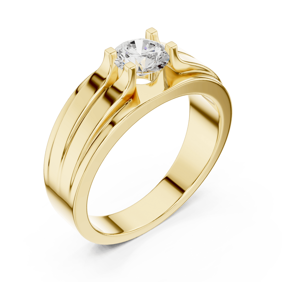 Dual-Grooved Round Diamond Men's Solitaire Ring in 14K Gold