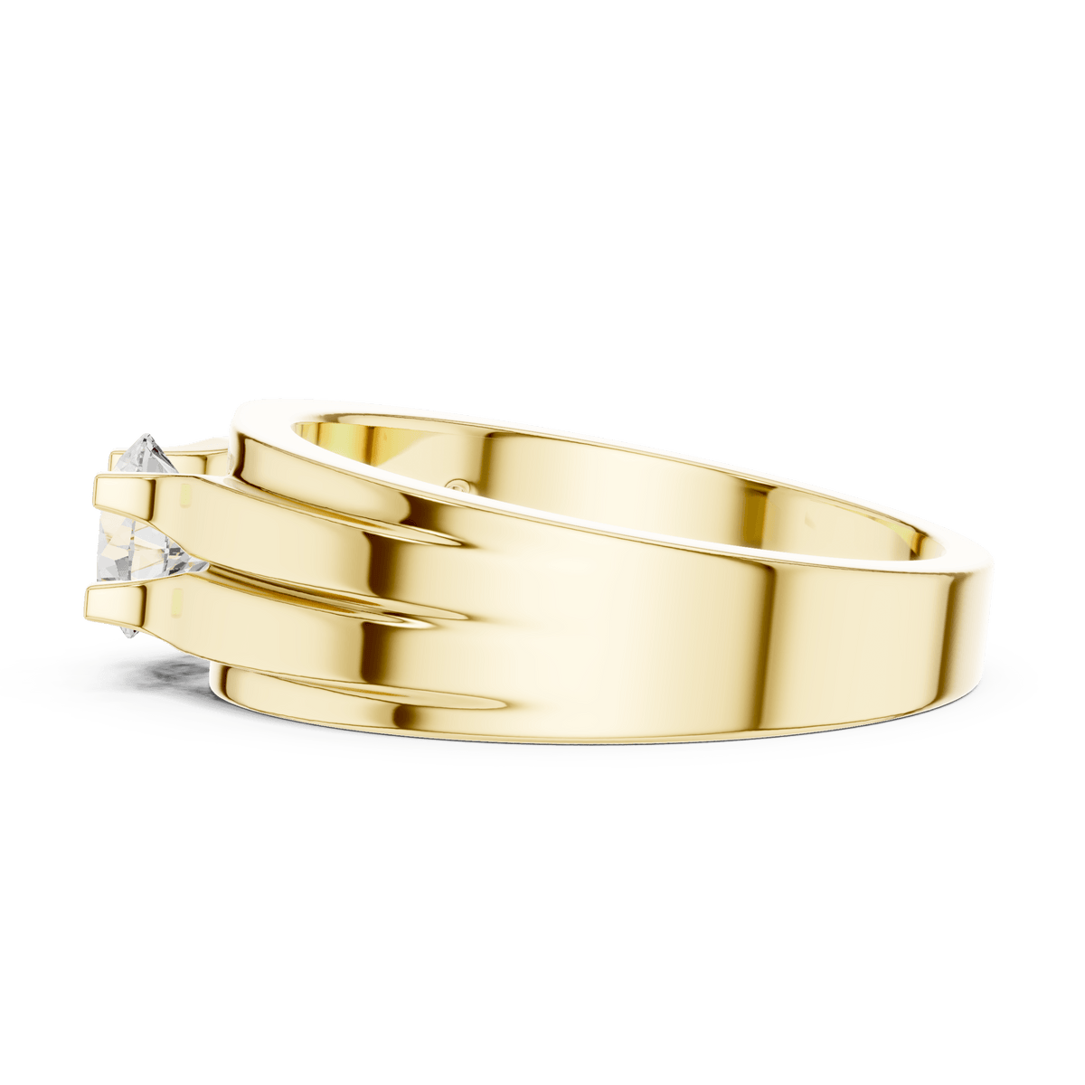 Dual-Grooved Round Diamond Men's Solitaire Ring in 14K Gold