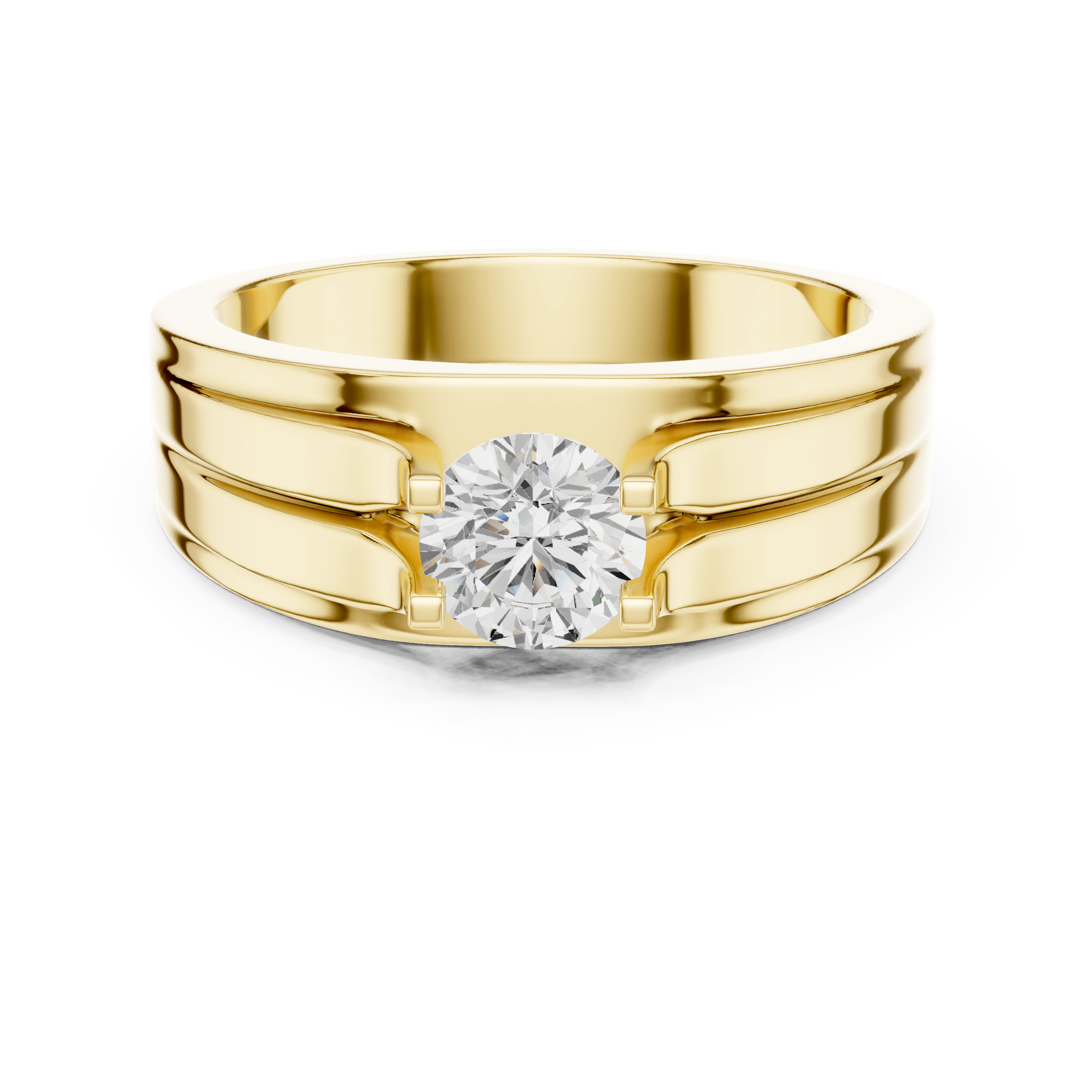 Dual-Grooved Round Diamond Men's Solitaire Ring in 14K Gold