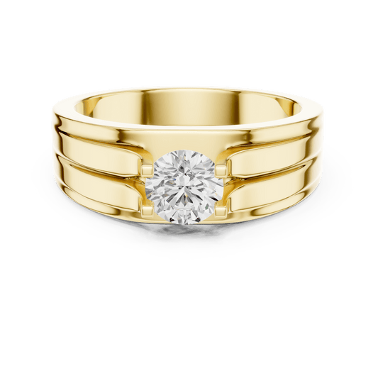 Dual-Grooved Round Diamond Men's Solitaire Ring in 14K Gold