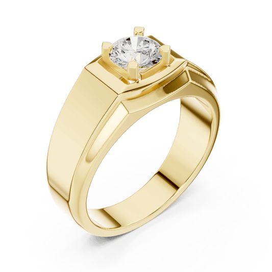 14KT Yellow Gold Rectangular Framed Round Diamond Men's Solitaire Ring