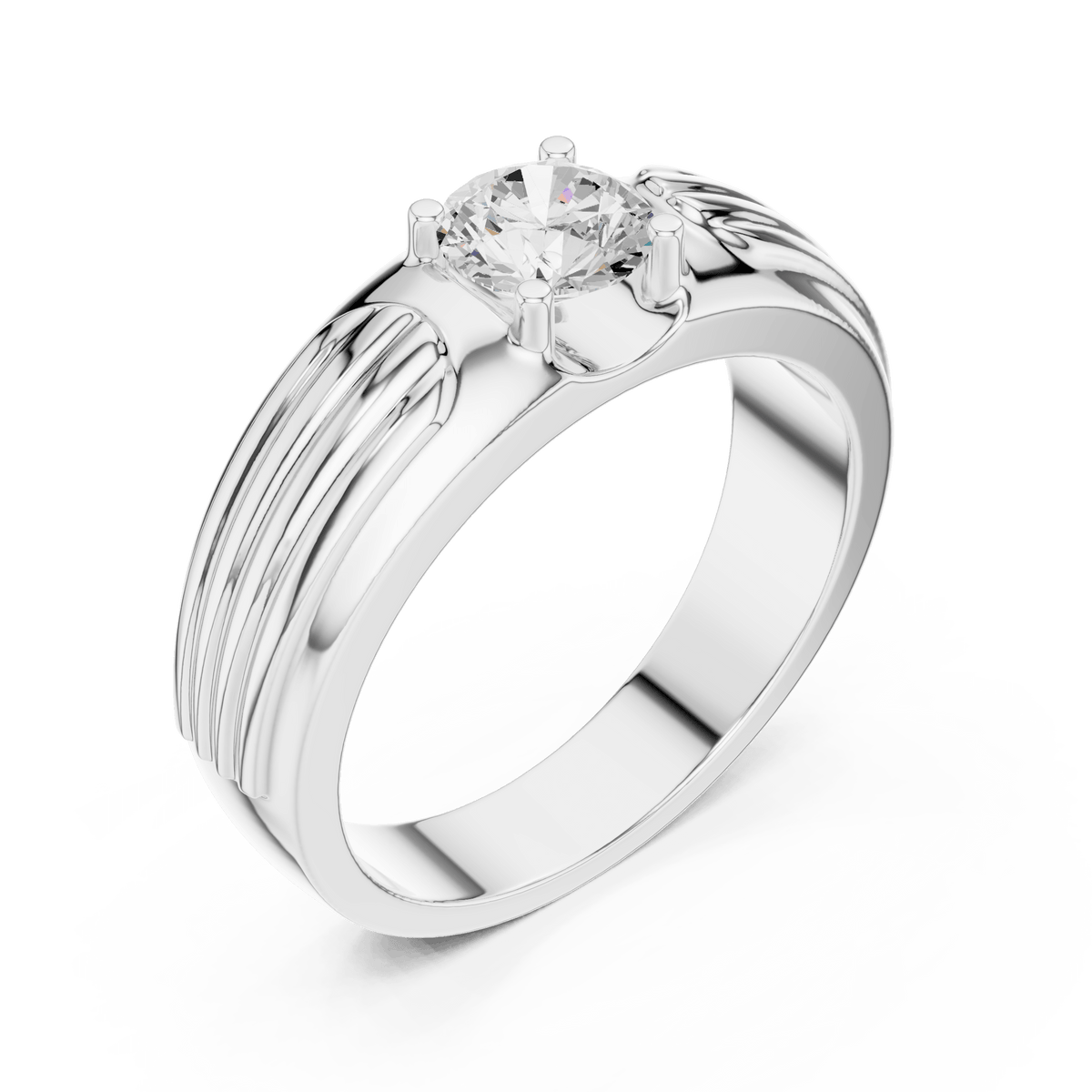 Vintage-Inspired Ribbed Winged Round Center Wide Band Lab Grown Diamond Ring