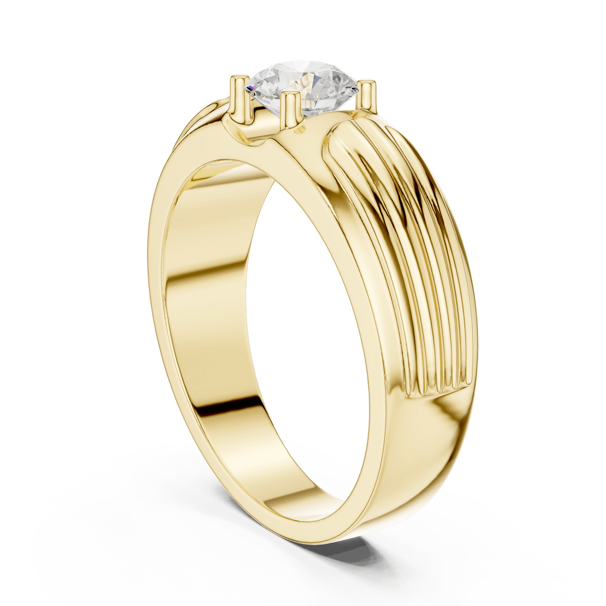 14KT Yellow Gold Ribbed Fluted Shoulder Round Diamond Men's Solitaire Ring