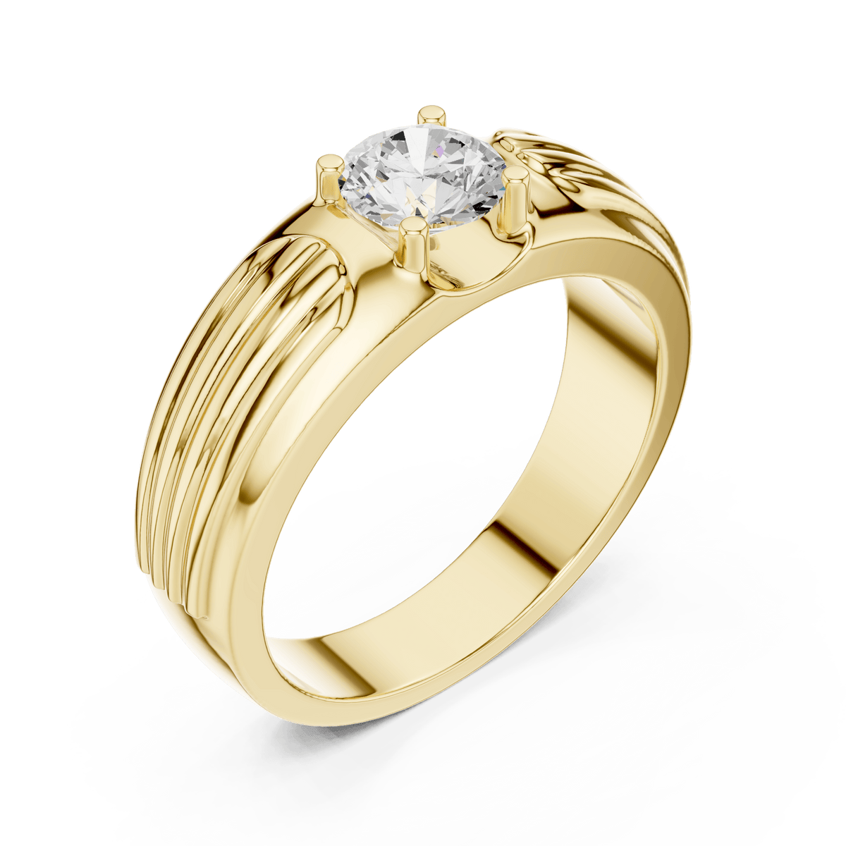 14KT Yellow Gold Ribbed Fluted Shoulder Round Diamond Men's Solitaire Ring