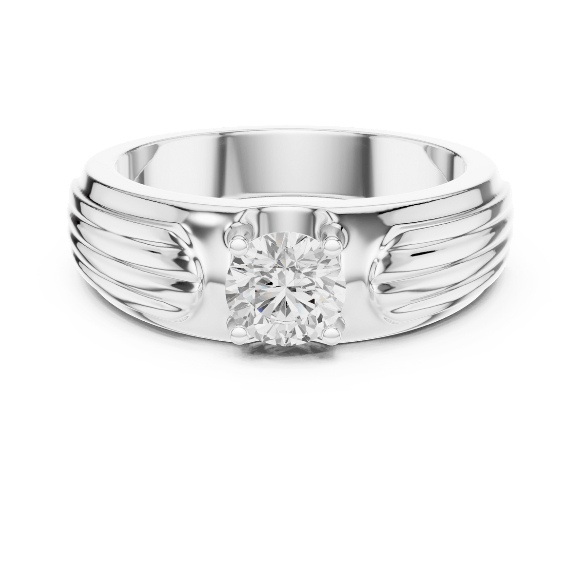 Vintage-Inspired Ribbed Winged Round Center Wide Band Lab Grown Diamond Ring