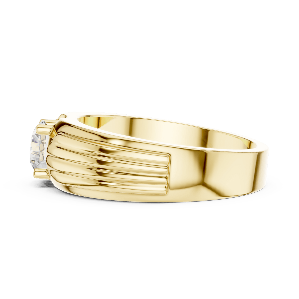 14KT Yellow Gold Ribbed Fluted Shoulder Round Diamond Men's Solitaire Ring