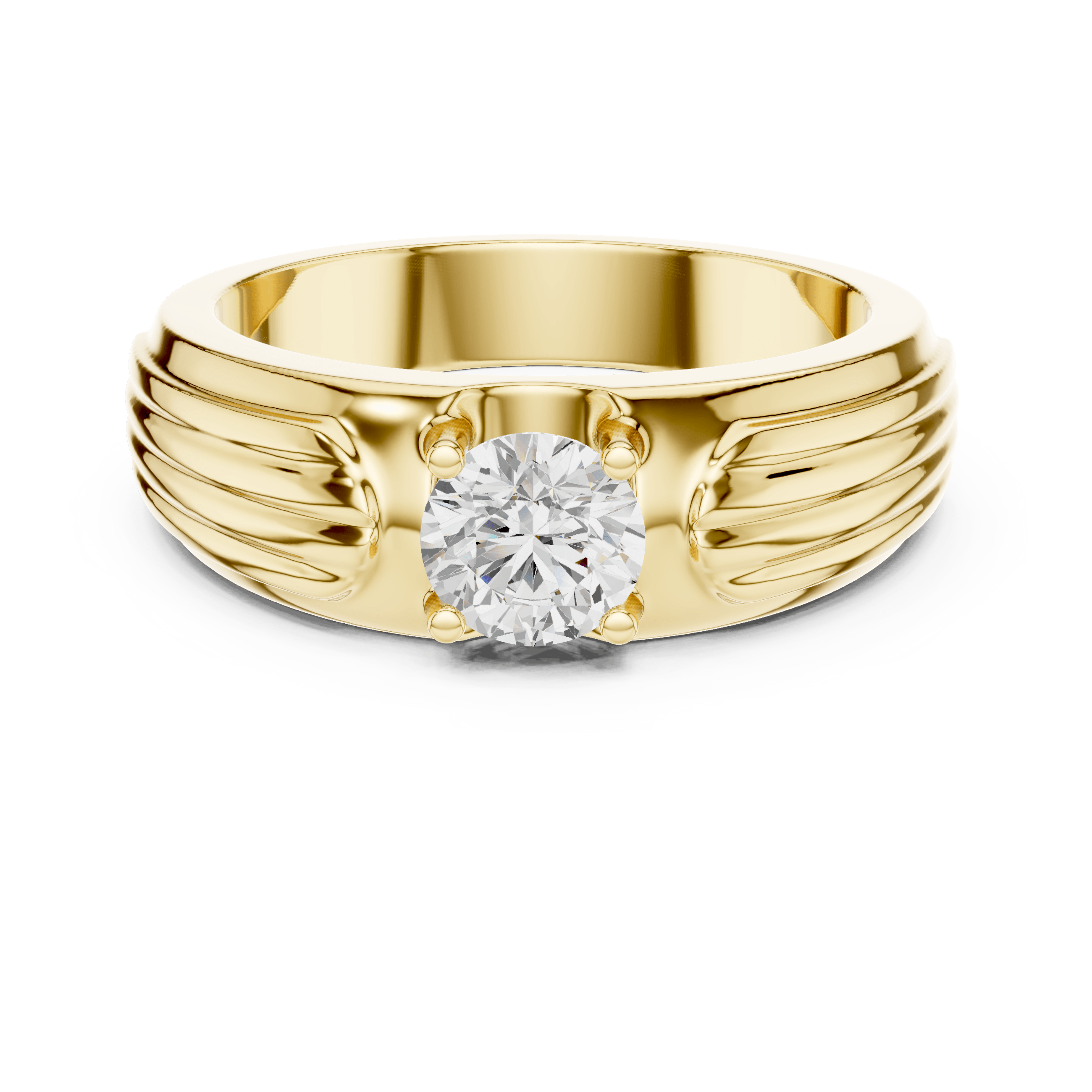 14KT Yellow Gold Ribbed Fluted Shoulder Round Diamond Men's Solitaire Ring