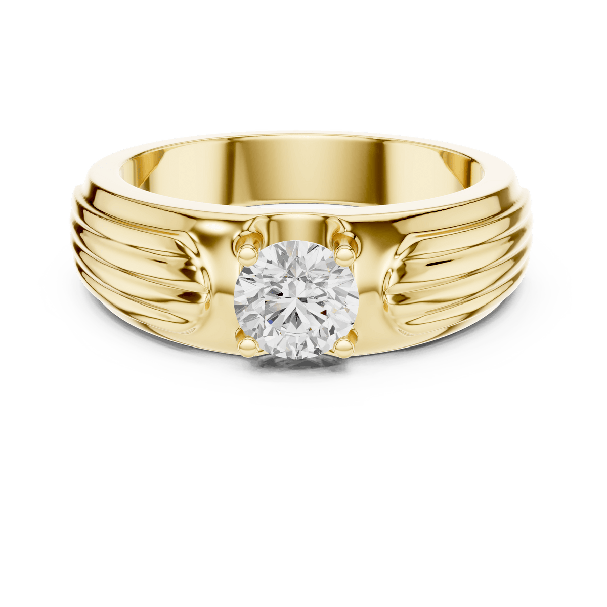 14KT Yellow Gold Ribbed Fluted Shoulder Round Diamond Men's Solitaire Ring