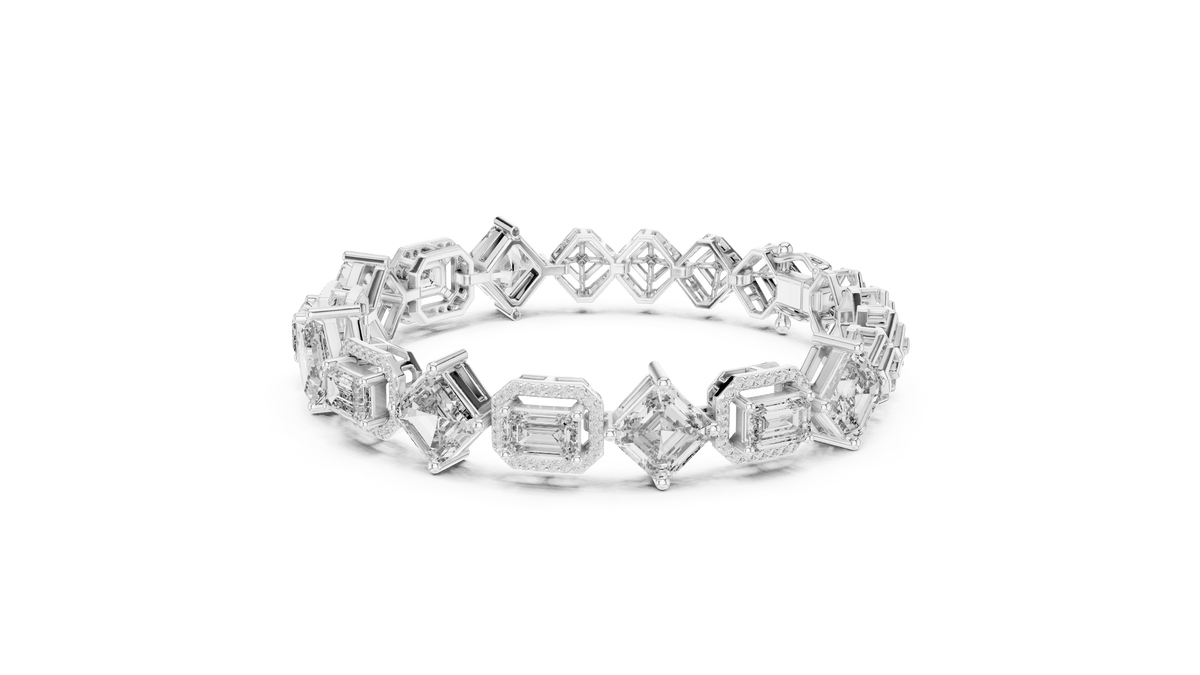East-West and Angled Emerald Cut Diamond Geometric Halo Line Bracelet in 925 Silver