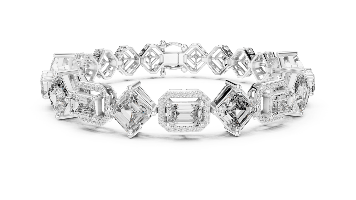 East-West and Angled Emerald Cut Diamond Geometric Halo Line Bracelet in 925 Silver