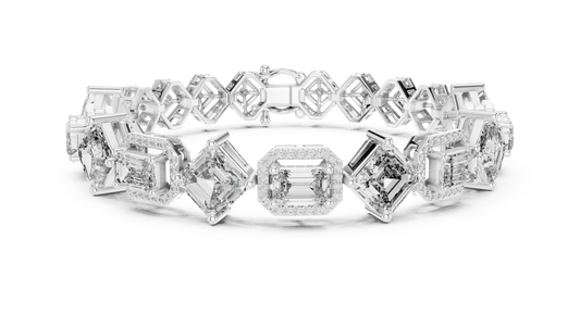 East-West and Angled Emerald Cut Diamond Geometric Halo Line Bracelet in 925 Silver