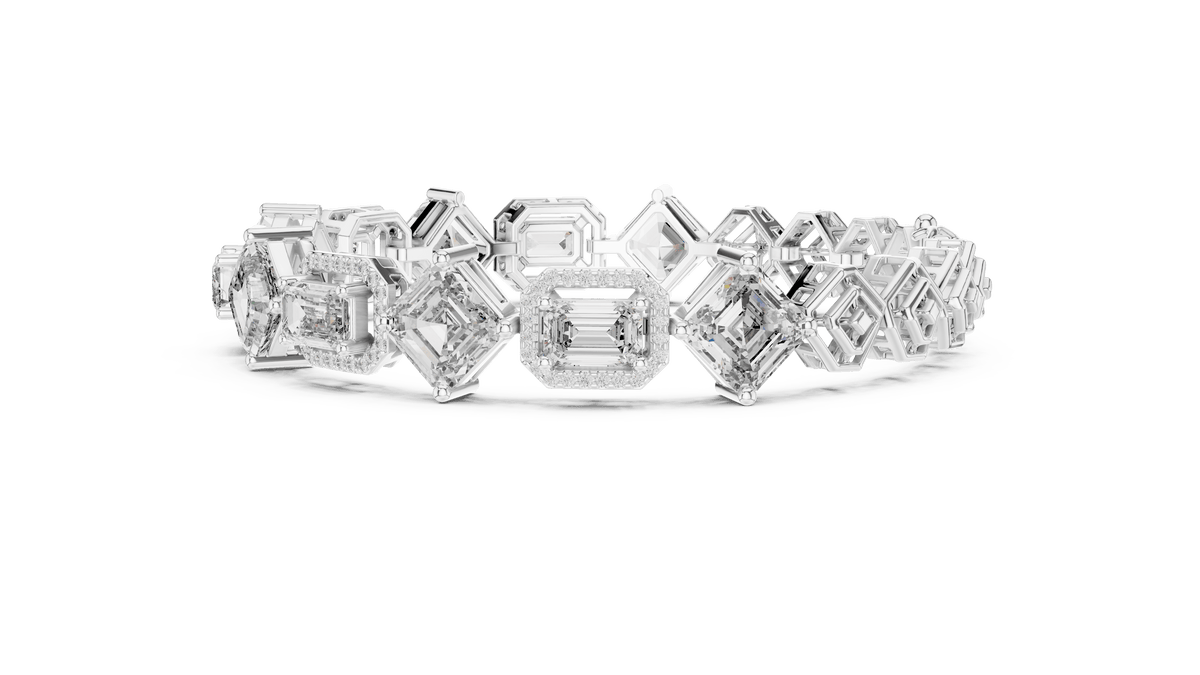 East-West and Angled Emerald Cut Diamond Geometric Halo Line Bracelet in 925 Silver