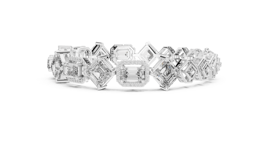 East-West and Angled Emerald Cut Diamond Geometric Halo Line Bracelet in 925 Silver