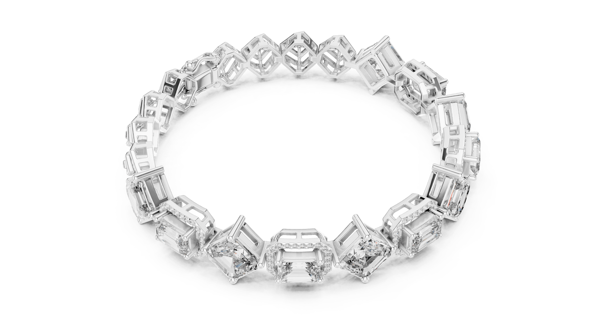 East-West and Angled Emerald Cut Diamond Geometric Halo Line Bracelet in 925 Silver