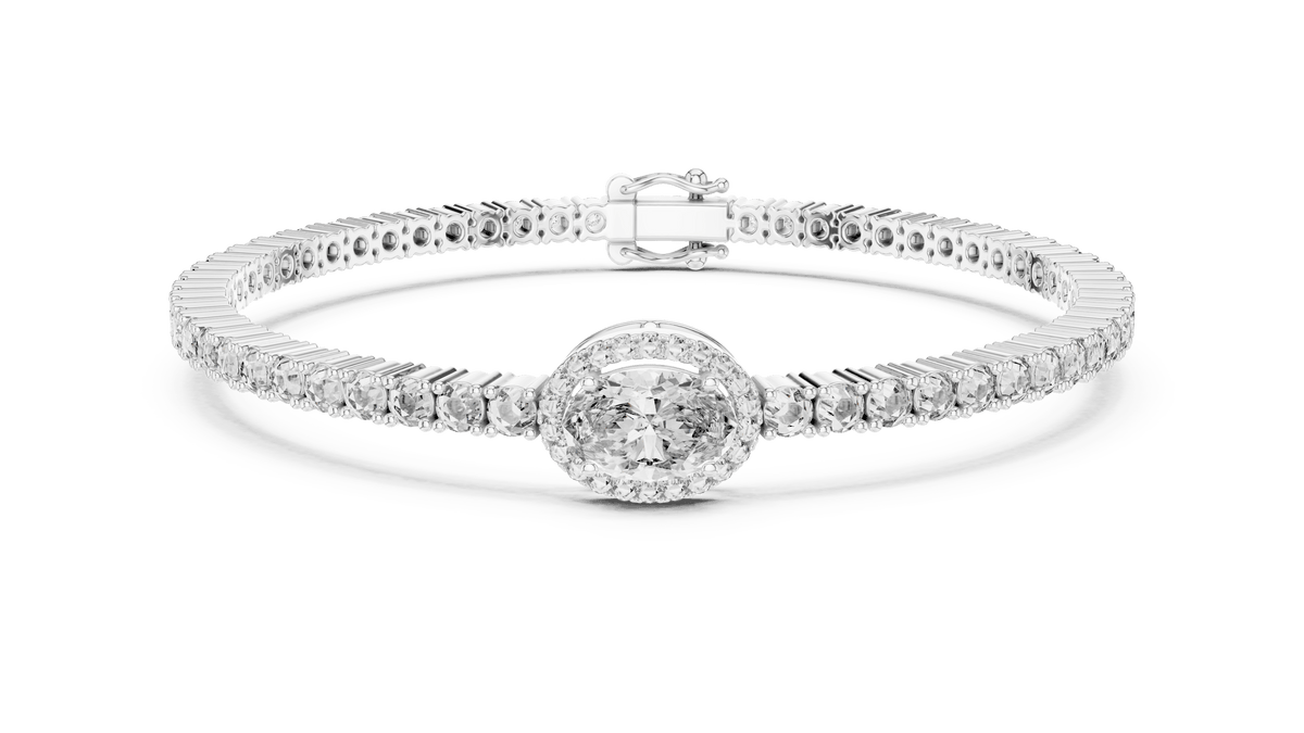 East-West Oval Lab Diamond Halo Centerpiece Tennis Bracelet in 925 Sterling Silver