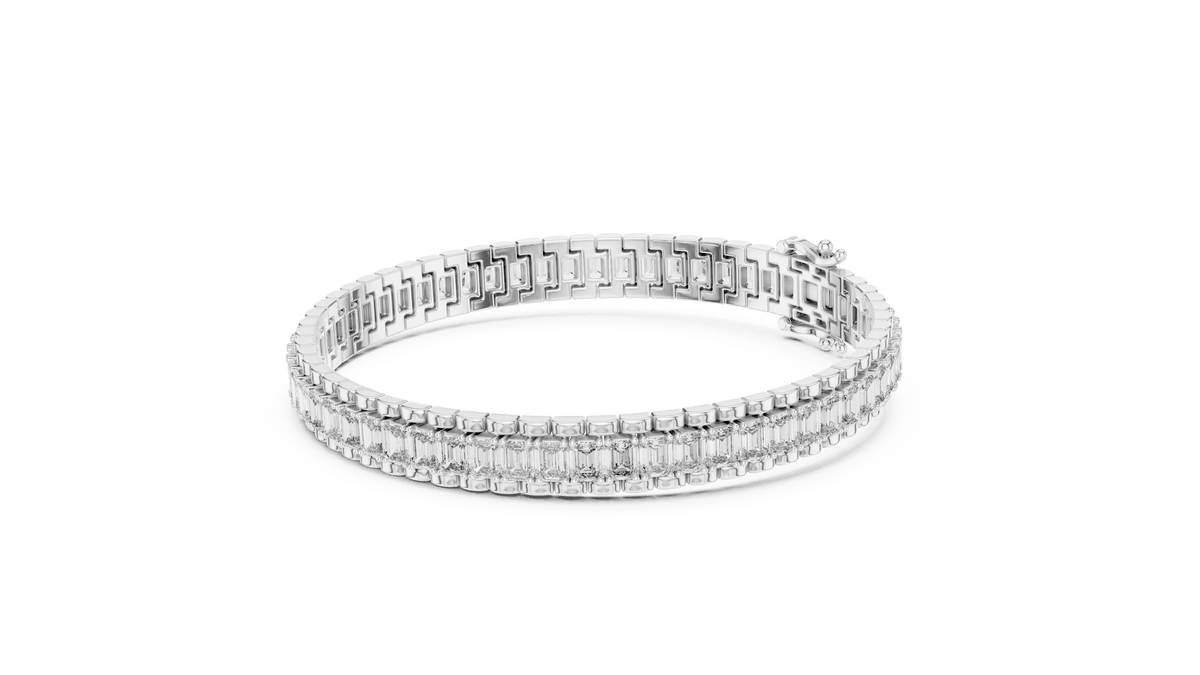 Emerald Cut Lab Diamond Channel Line Bracelet with Pave Halo Borders in 925 Sterling Silver