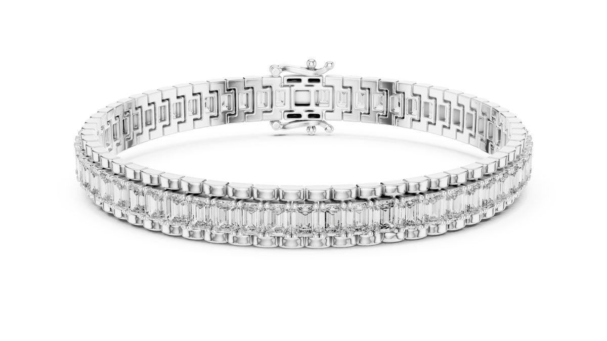 Emerald Cut Lab Diamond Channel Line Bracelet with Pave Halo Borders in 925 Sterling Silver