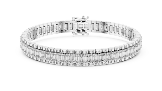 Emerald Cut Lab Diamond Channel Line Bracelet with Pave Halo Borders in 925 Sterling Silver