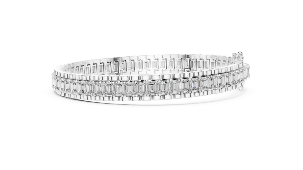 Emerald Cut Lab Diamond Channel Line Bracelet with Pave Halo Borders in 925 Sterling Silver