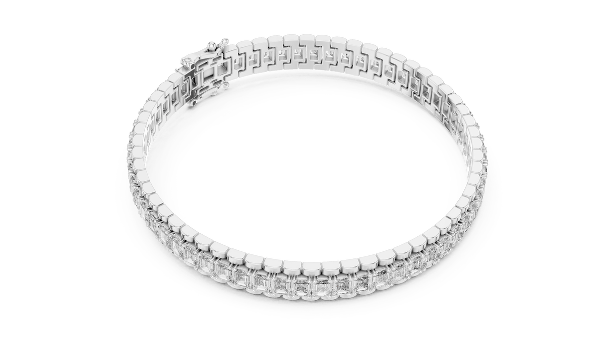 Emerald Cut Lab Diamond Channel Line Bracelet with Pave Halo Borders in 925 Sterling Silver