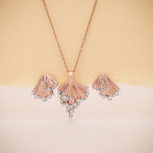 14KT Solid Rose Gold Pleated Fan Leaf Pendant & Earrings Set