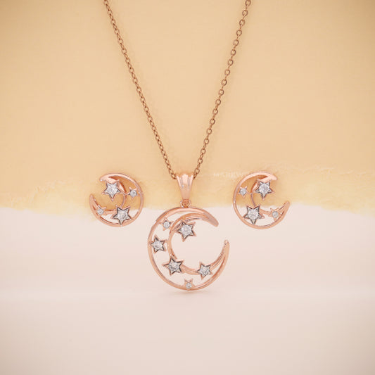 14KT Solid Rose Gold Crescent Moon & Stars Diamond Pendant Set