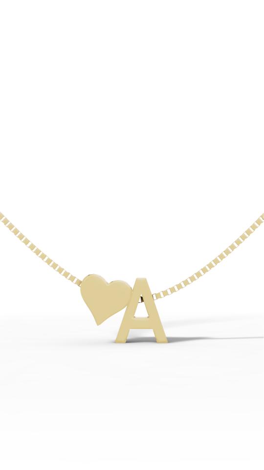 14K Solid Gold Initial 'A' & Heart Personalised Pendant